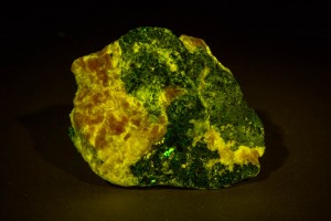 Hodgkinsonite fluorescing under blue light