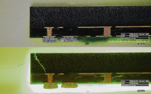 Fluorescent penetrant highlighting cracks in integrated circuit, 80x, white light and fluorescence