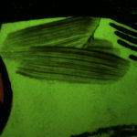 Comic book cover detail, fluorescence, Royal Blue excitation.